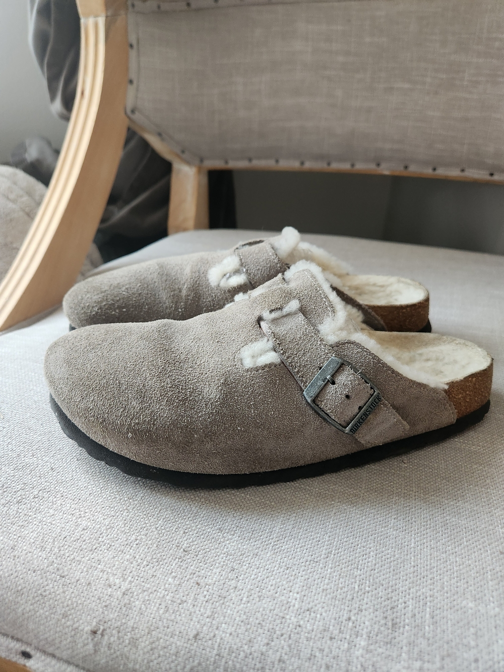 Birkenstock Boston Mule Taupe Suede Shearling Lined Clogs 38